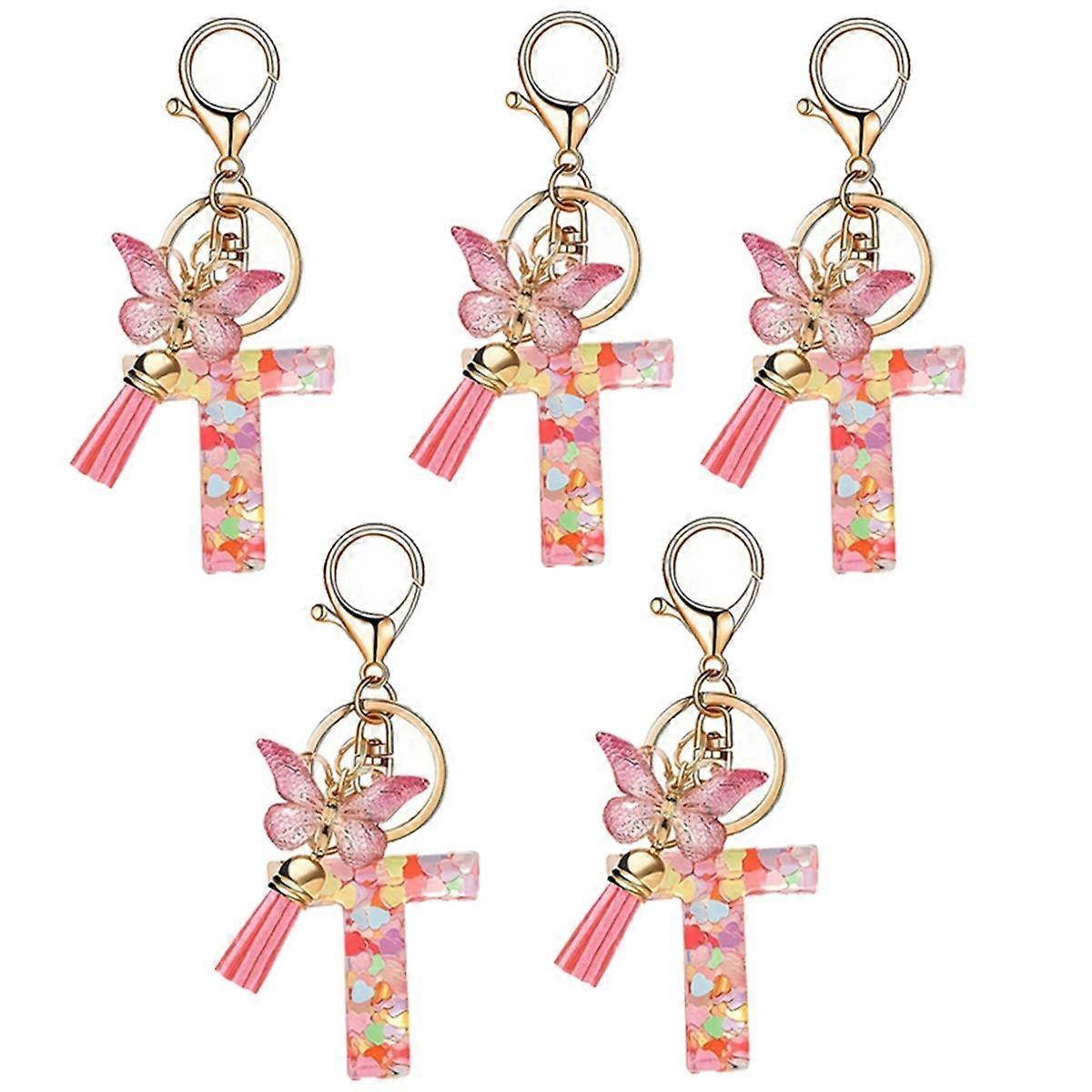 T Style Letter Pendant Pink Cute Initial Keychain Butterfly Keychain