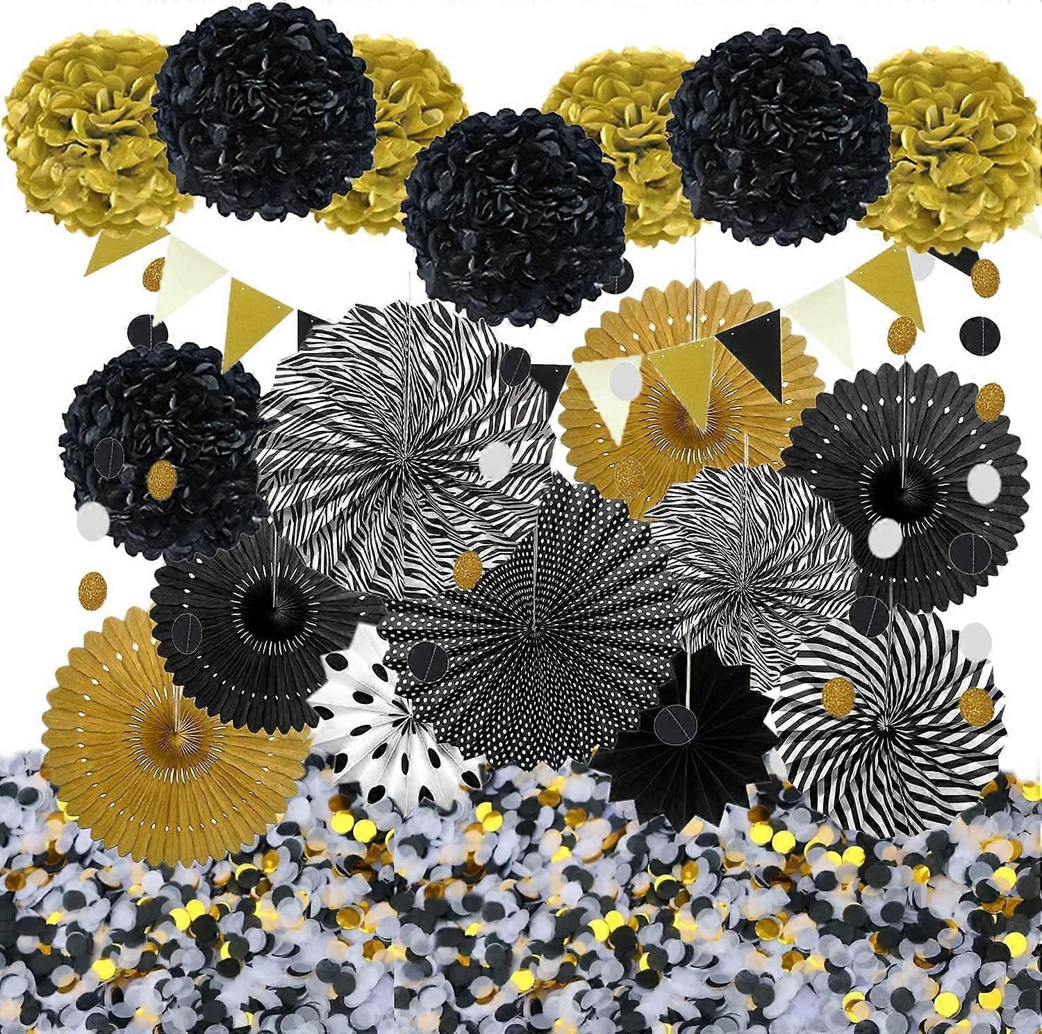 22-Pack Party Decoration Set with Hanging Paper Fans, Pom Poms Flowers, Triangle Bunting Flags, Garlands String Polka Dot and Paper Confetti for Birth