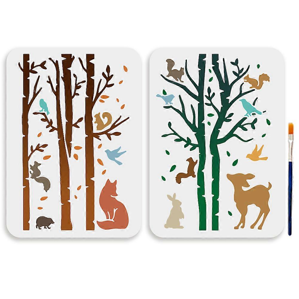 2pcs Autumn Tree Animals Stencil 11.78.3inch Large Fall Forest Animal Stencils with Paint Brush Fallen Leaves Squirrels Fox Rabbit Birds Deer Template