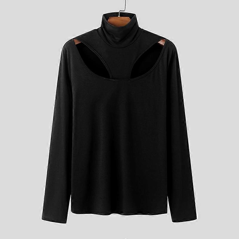 INCERUN Spring Men High Neck Long Sleeve Patchwork Cutout Fitted Slim Tops