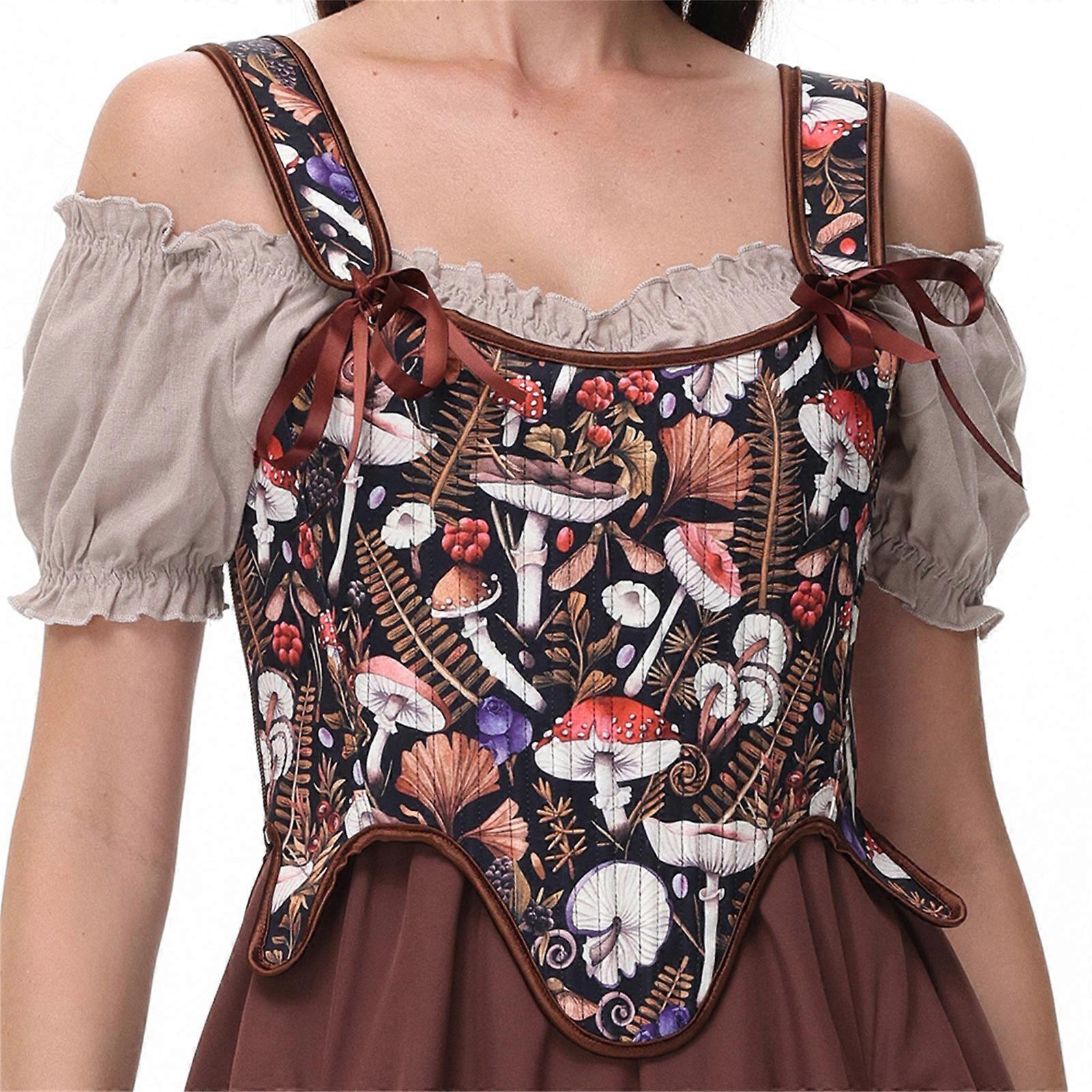 Vintage Renaissances Mushroom Print Push Up Gorset Top dla kobiet Regulowane ramiączka Gorset Sznurowany Overbust Body Shaper Jasnobrązowy XL