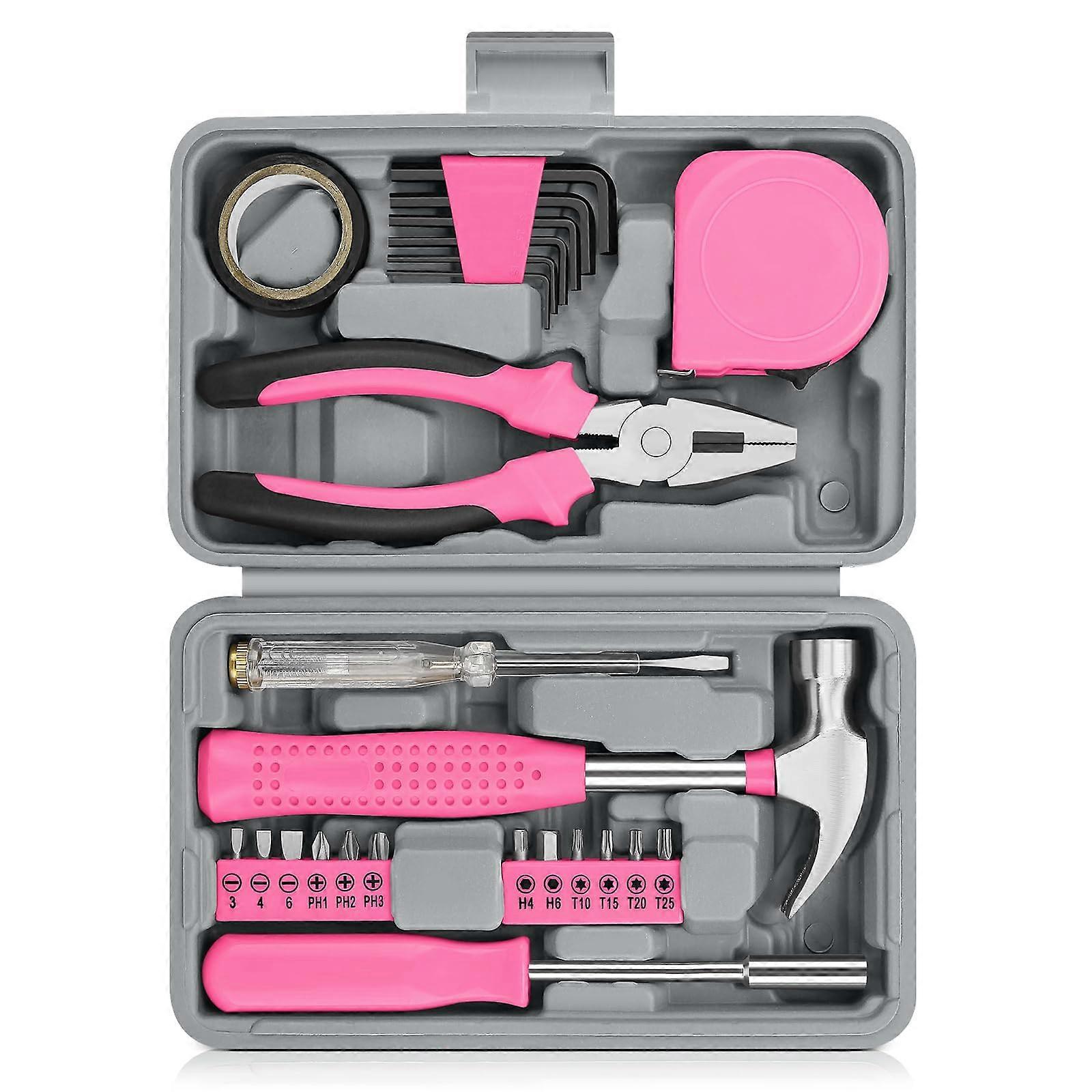 24 Piece Small Tool Kit Mini Hand Tool Set With Storage Box For Home DIY Office Garage Pink