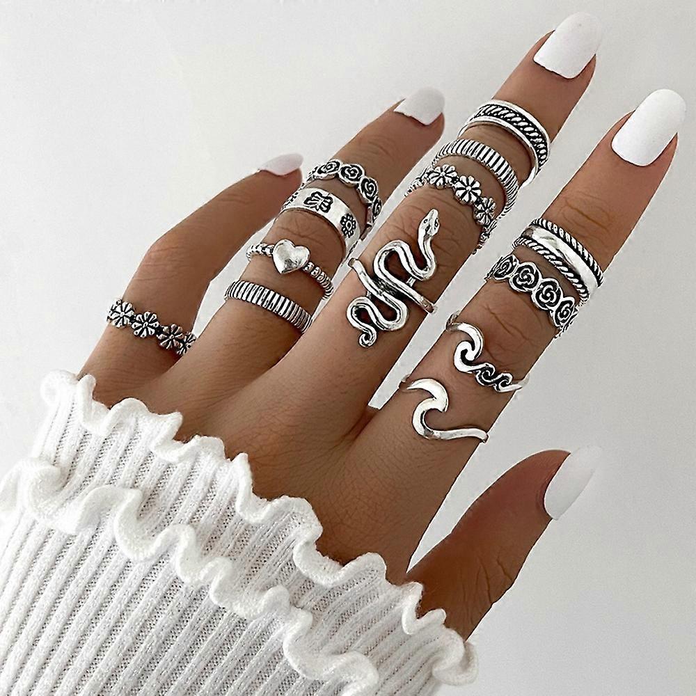 13pcs/set Exaggerated Serpentine Flower Love Geometric Joint Ring