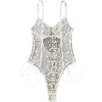 Kaise Frauen Sexy Schnürung Blumen bestickt Teddy Dessous Body Top Mesh Transparenter Einteiler Party Kostüm Geschenk