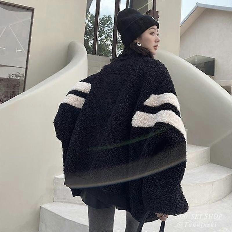 Lamb Wool Sweatshirt Women Casual Thick Warm Loose Padded Hip-hop Retro Zip Up Patchwork Jackets Coat