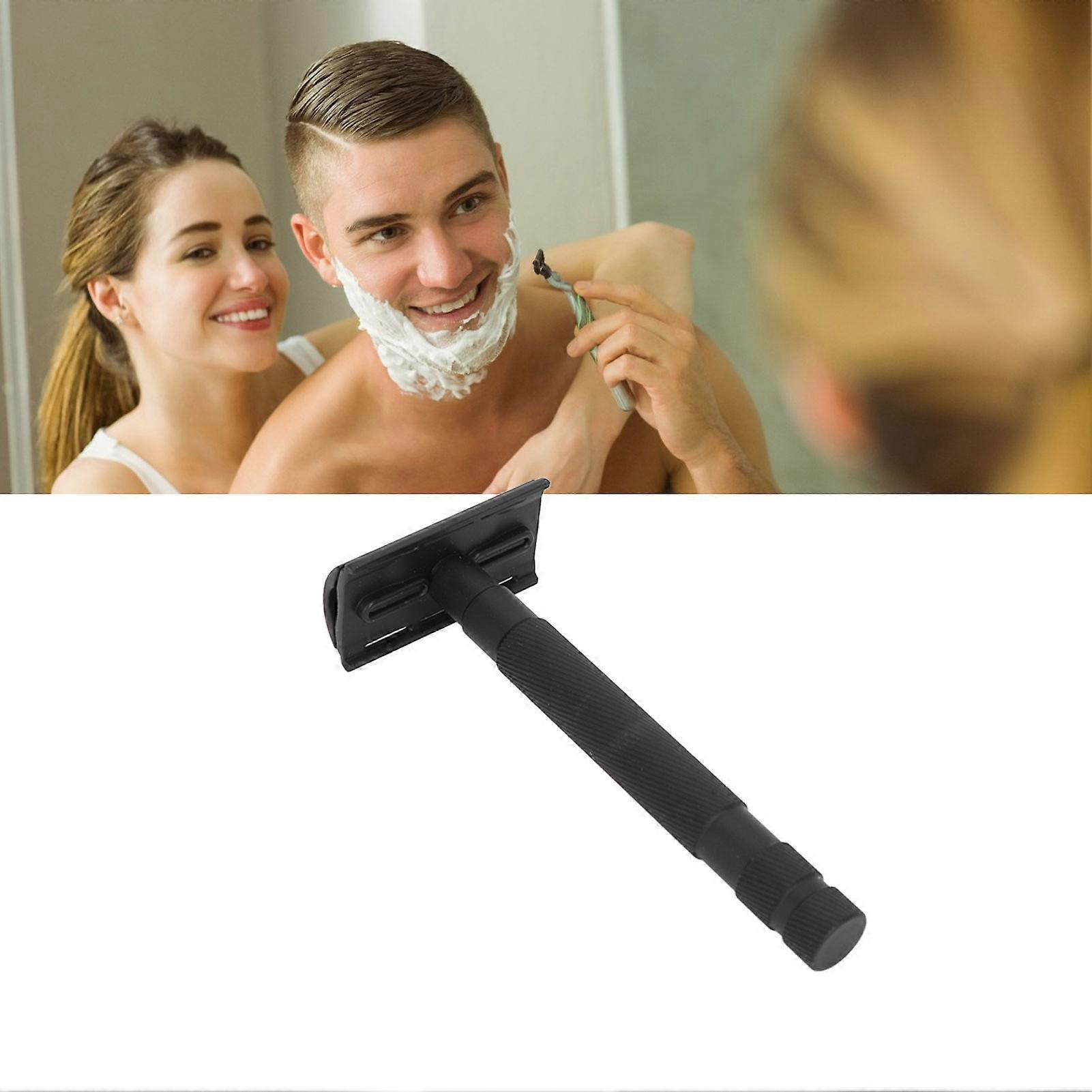 Manual Double Edge Beard Knife Holder Long Handle Black Alloy