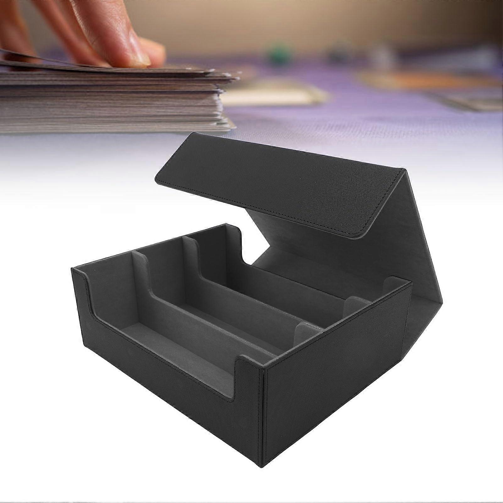 Kartendeckbox 3 Rows Large Capacity Magnetic Closure Leather Card Deck Holder for Playing Cards Tarot Cards (Black Shell with Gray Lining)