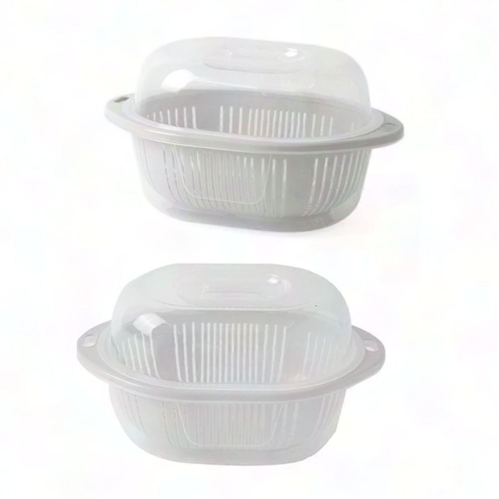 Double Deck Fruit Drain Basket with Lid Washing Colander for Kitchen