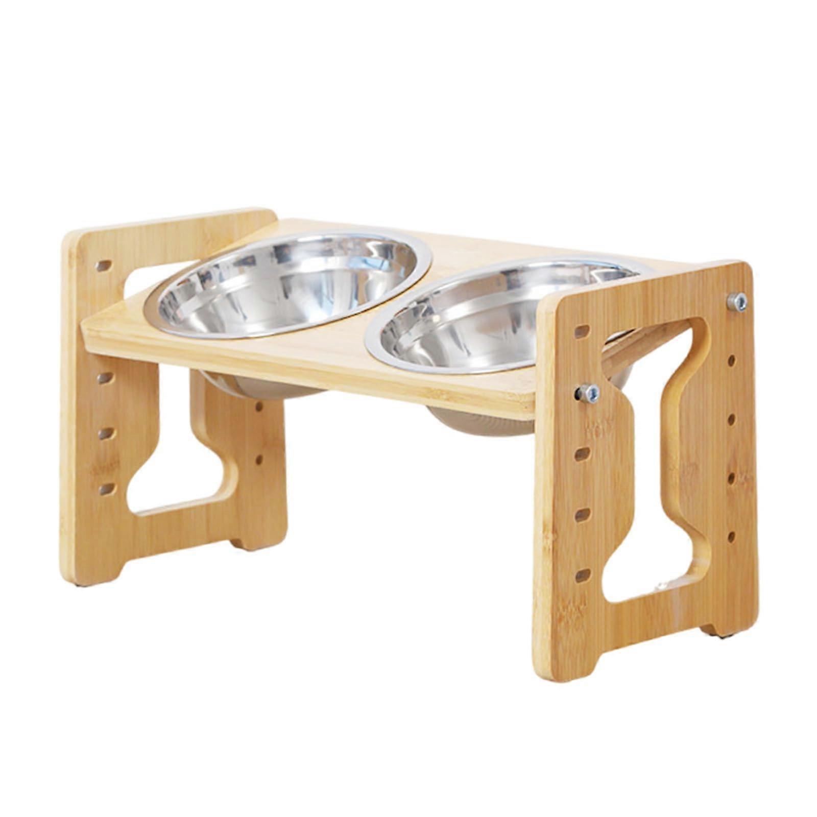 Pet feeding bowl with double bowl, wooden frame, 5level height adjustment.