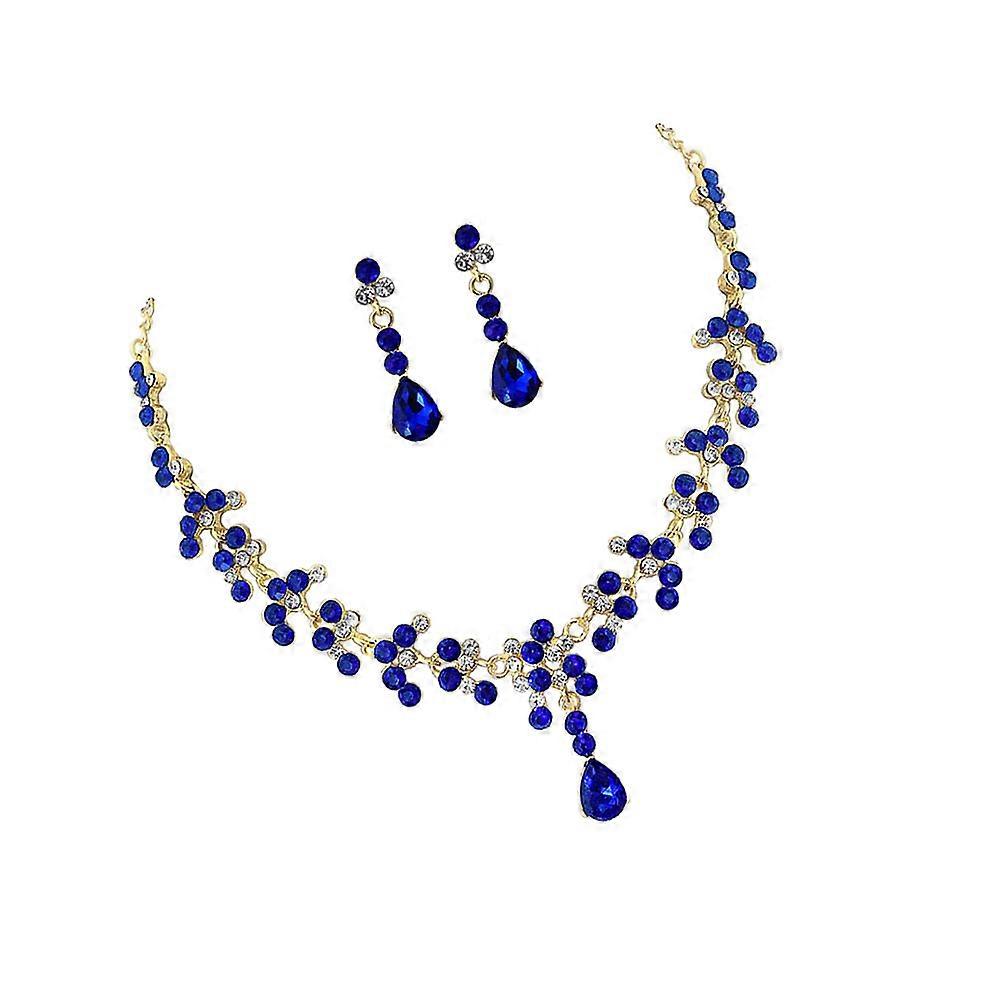 Blue Rhinestone Necklace and Earring Set for Wedding Dress Accessories with Durable Zinc Alloy Construction 1 Set