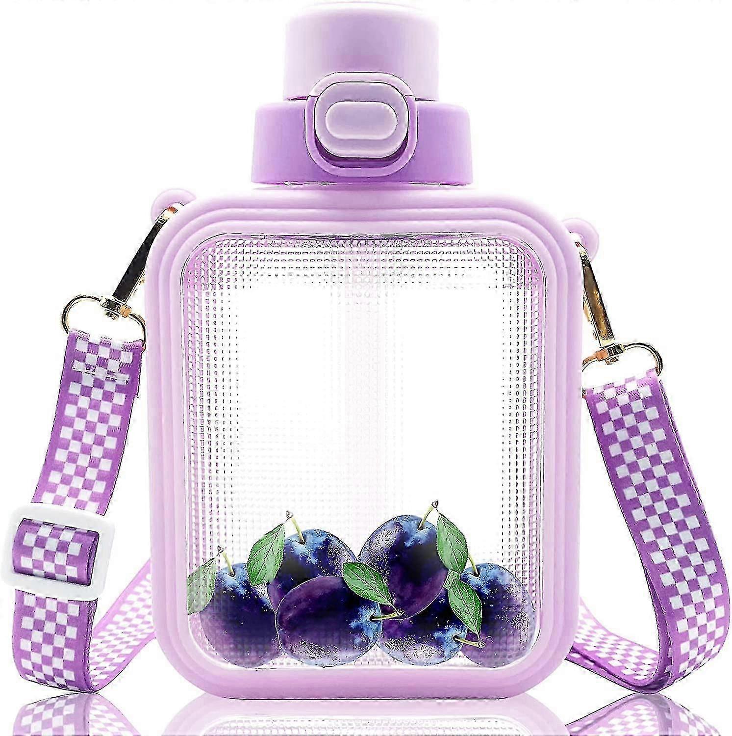 Kawaii garrafa de água quadrada bonito garrafas de água com palha, copo de água de viagem portátil com correia ajustável com adesivo aleatório para presentes da escola de escritório