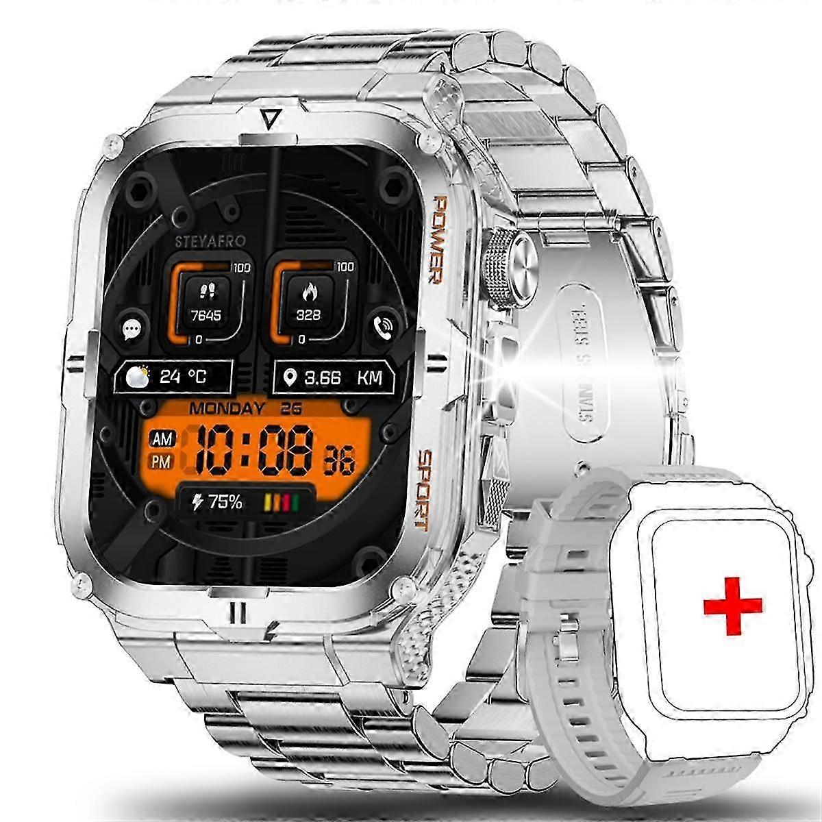 Herren Smartwatch mit Bluetooth, Call Tracker, digitalen Fitnessfunktionen, LED-Taschenlampe und Stahlarmband