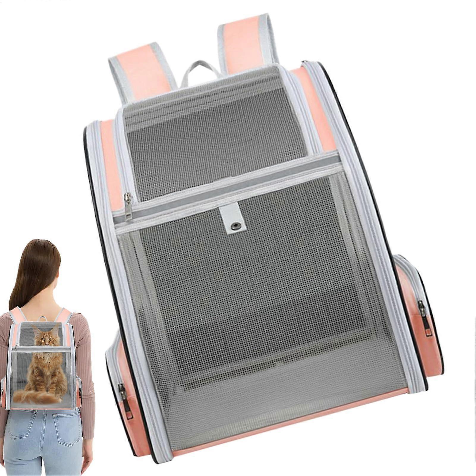 Cat Backpack Large-Caliber Pet Carrier With Breathable Mesh Removable Plush Cushion Pink For Picnic Hiking Camping