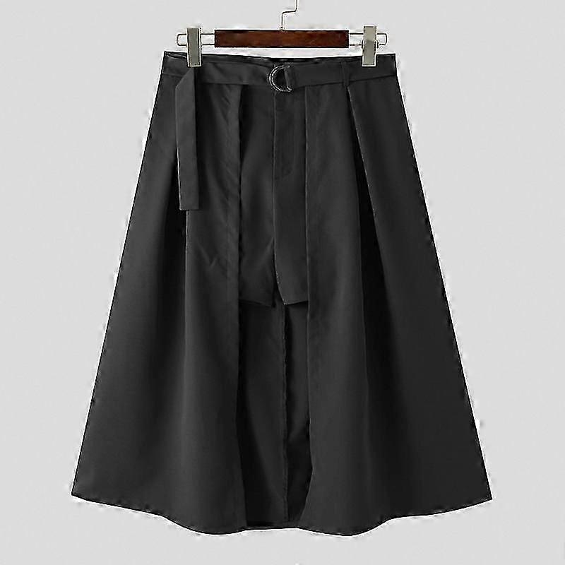 INCERUN Men's Solid Color Zipper Belted Short Skirt Irregular Kilt for Men