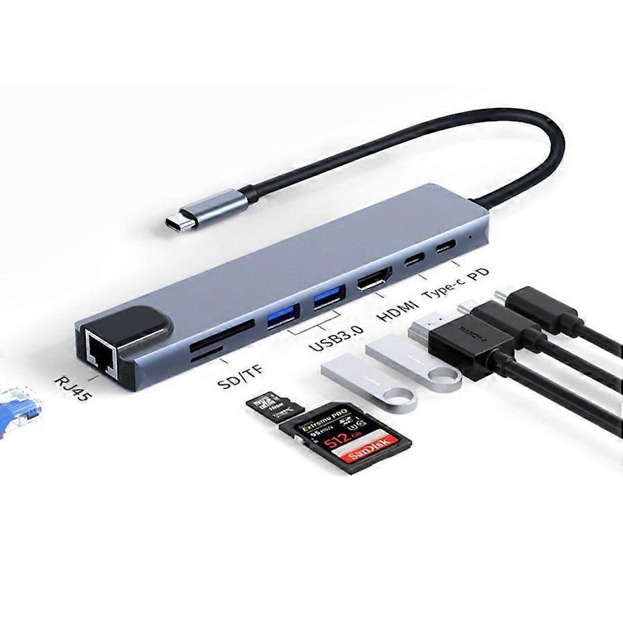 USB C to HDMI Ethernet TF SD Card Reader Type-C Dual USB A Adapter(8in1)Monitor Port Dongle Hub Charger Splitter for TV Display Docking Station Extend