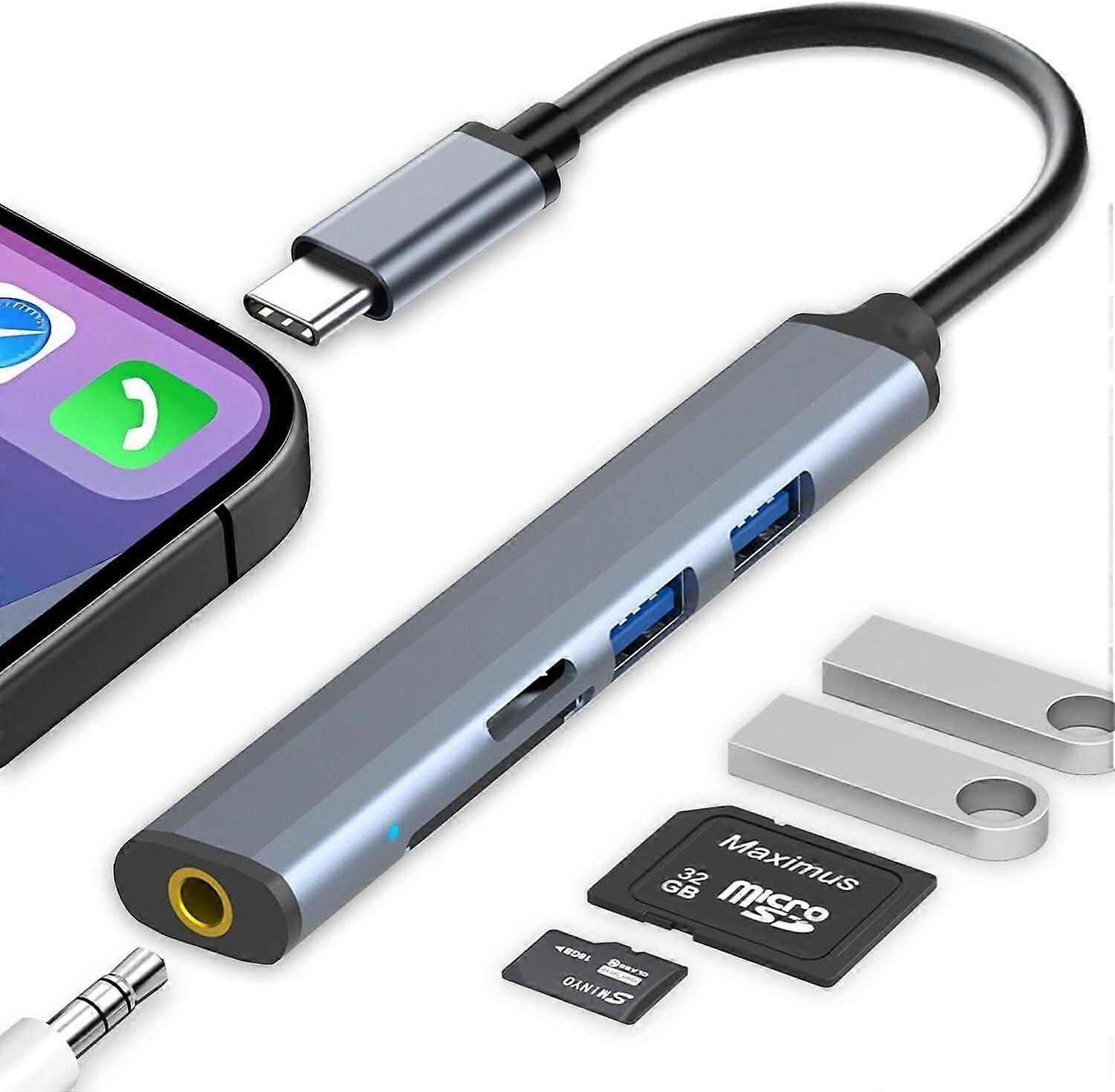 5 in 1 Aluminum USB C Hub with 3.5mm Headphone Jack, Memory SD/TF Card Reader and 2 USB A Ports(Gray)