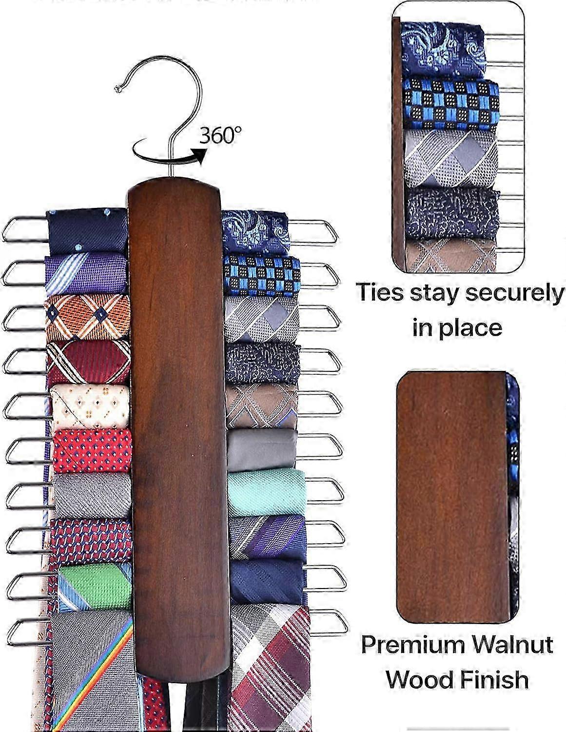 2 packs of premium wooden tie and belt strap, walnut wooden center organizer and non -slip coated storage shelf - 20 hooks 2025