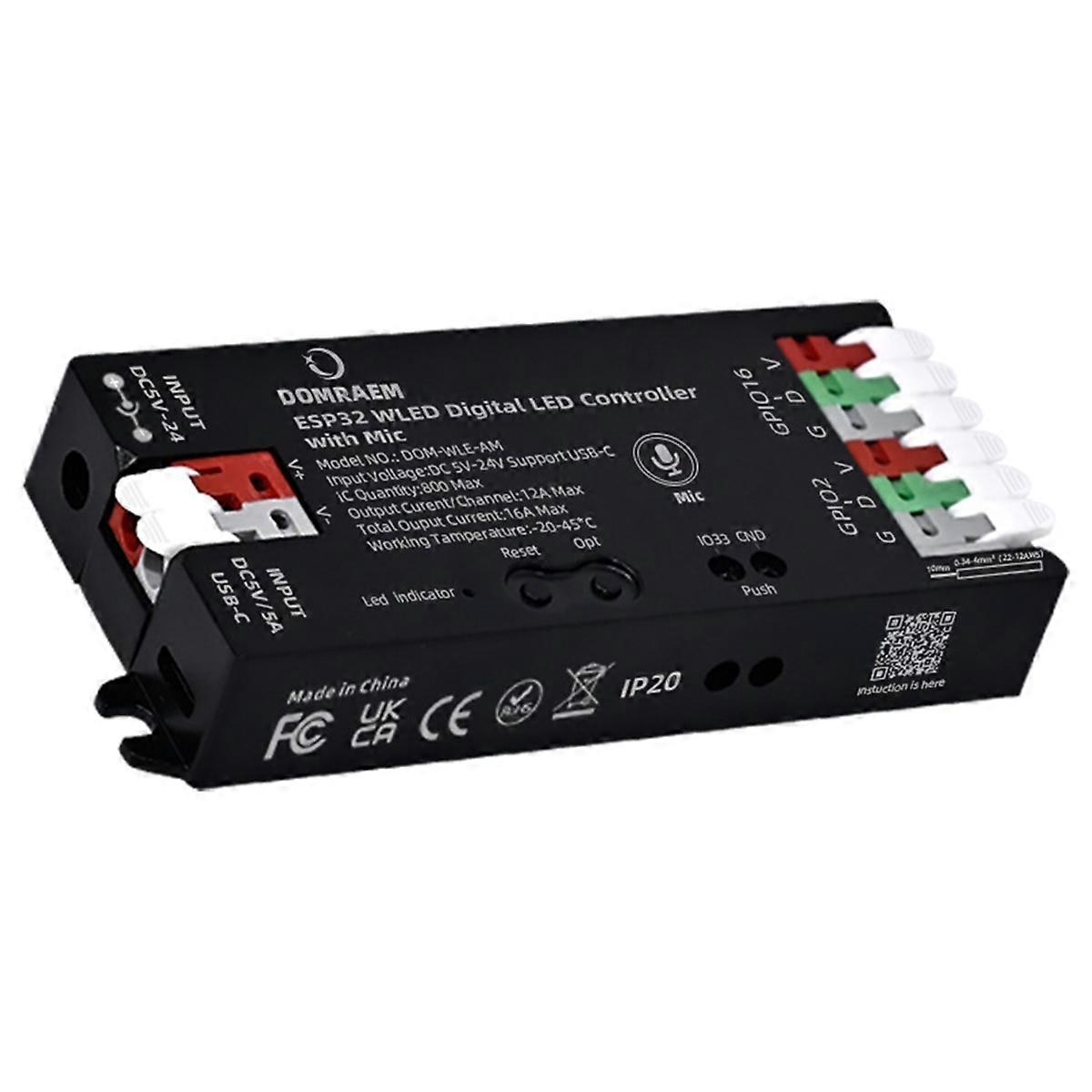 ESP32 WLED Digital LED Strip Controller with Microphone DC5-24V Power 16A 0.5W Standby DIY100+ WS2811/14/05 Black