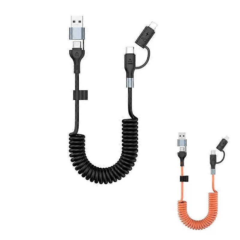 60W Dual Drag Spring Data Cable USB Type C For iPhone 16 Huawei Samsung S25 6A Extendable Four-In-One USB C Fast Charging Cord