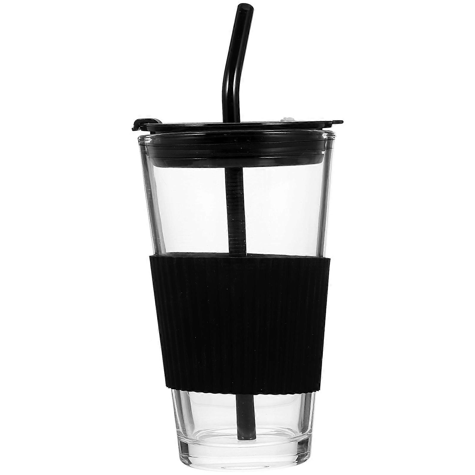 Cylindrical Glass Cup With Lid And Straw 3Set For Dining 400ml Simple Hot Drink