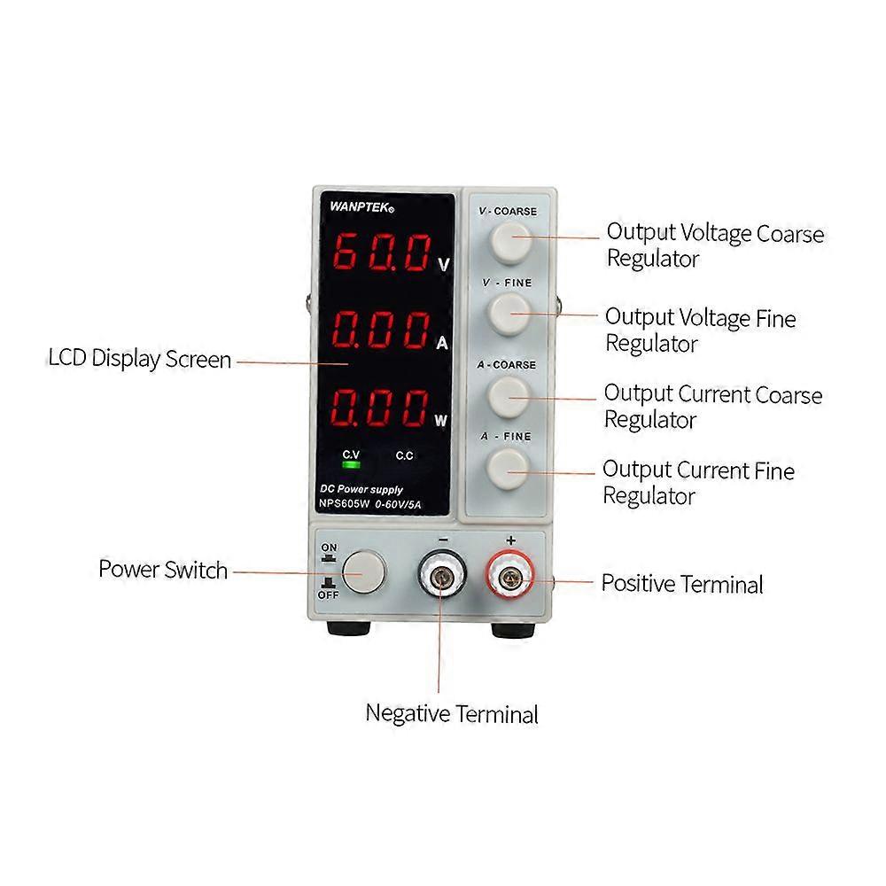 wanptek NPS605W 0-60V 0-5A Switching DC Power Supply 3 Digits Display LED High Precision Adjustable Mini Power Supply AC 115V/230V 50/60Hz Voltage & C