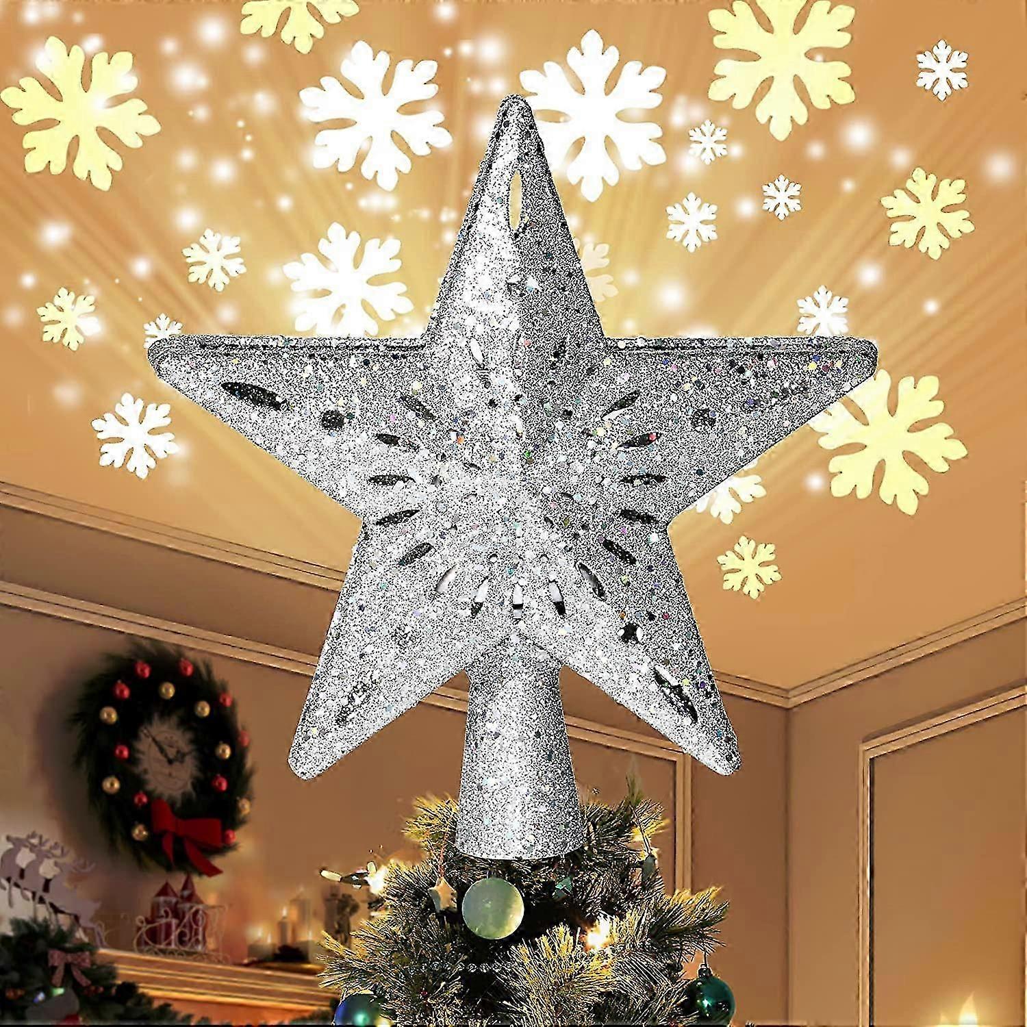 Lighted Christmas Tree Toppers with LED Rotating Snowflake Projector Lights, 2-in-1 Gold Glittered 5 Point 9.8 Inch Star Tree Topper Snowfall LED Ligh