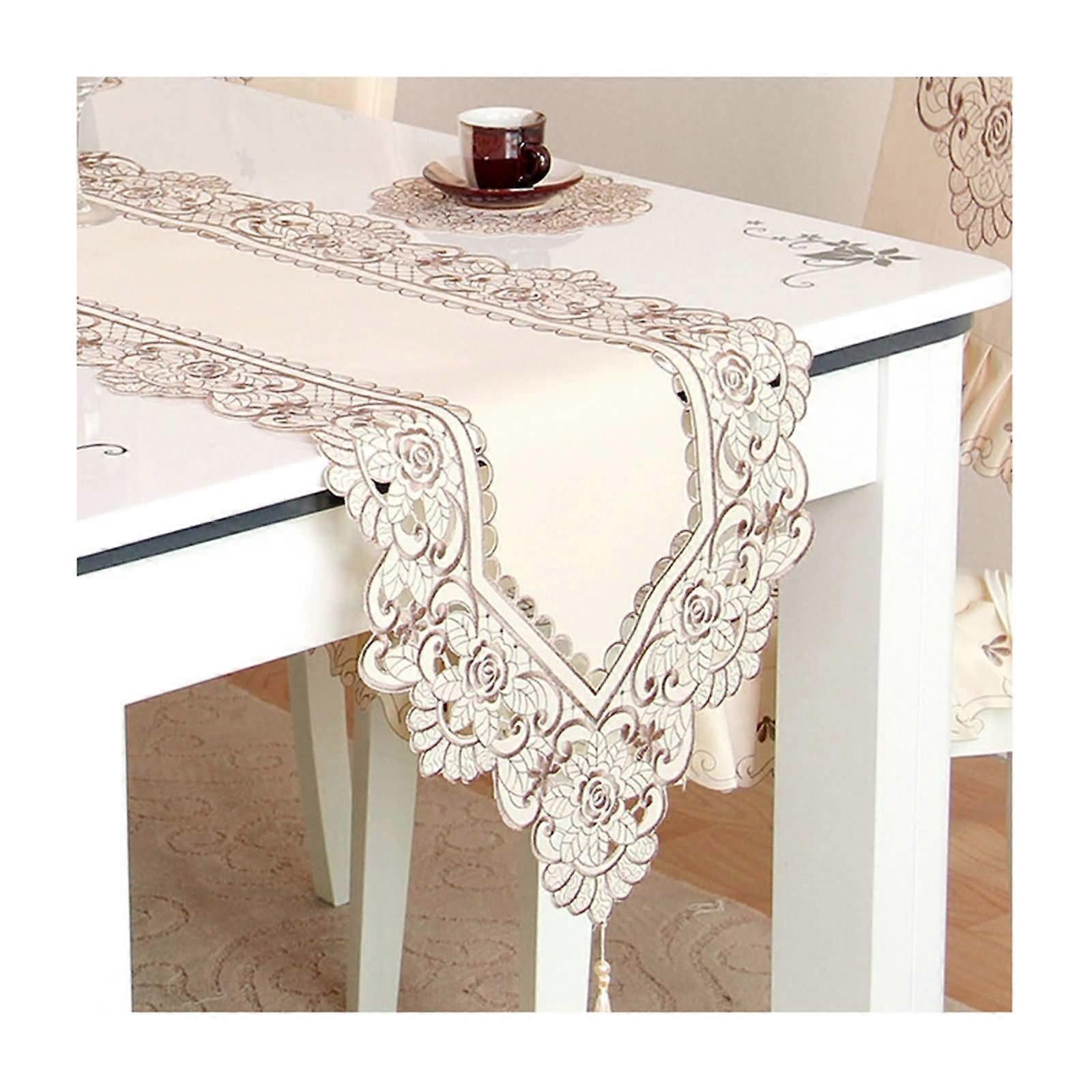 Table Runner Modern 40x200CM Polyester Floral Embroidered With Tassel Beige