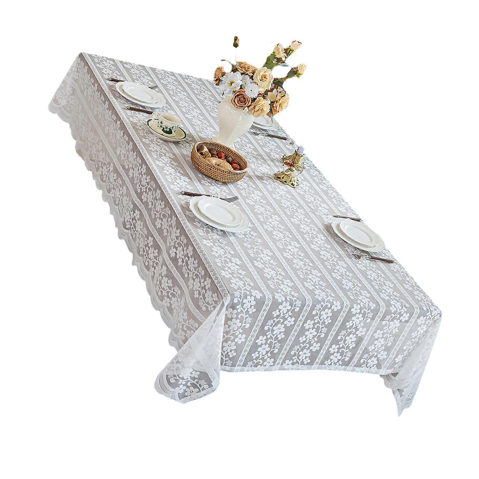 Delicate White Floral Lace Tablecloth Polyester Fabric Scalloped Table Cover For Daily Use And Special Event Decoration Multicolor