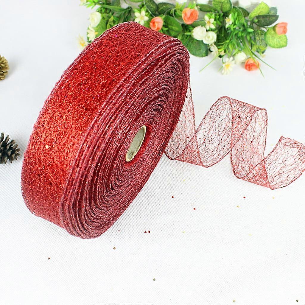 10M Random Mesh Lock Edge Powdered Christmas Ribbon Red, Compatible with Christmas Tree Decorations