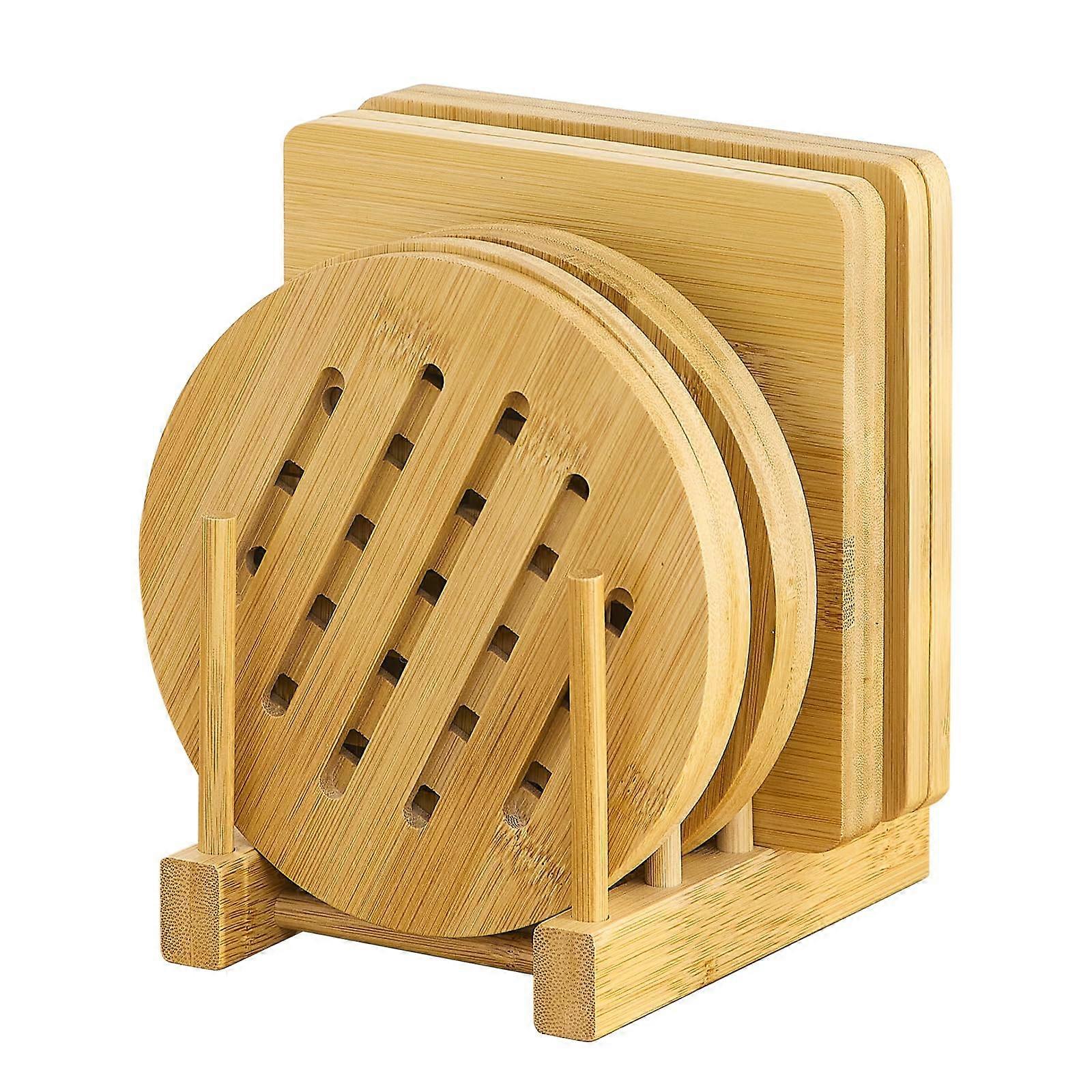 Set of 8 Bamboo Trivets with Stand, Large Heat Resistant Pot Holders for Kitchen Use