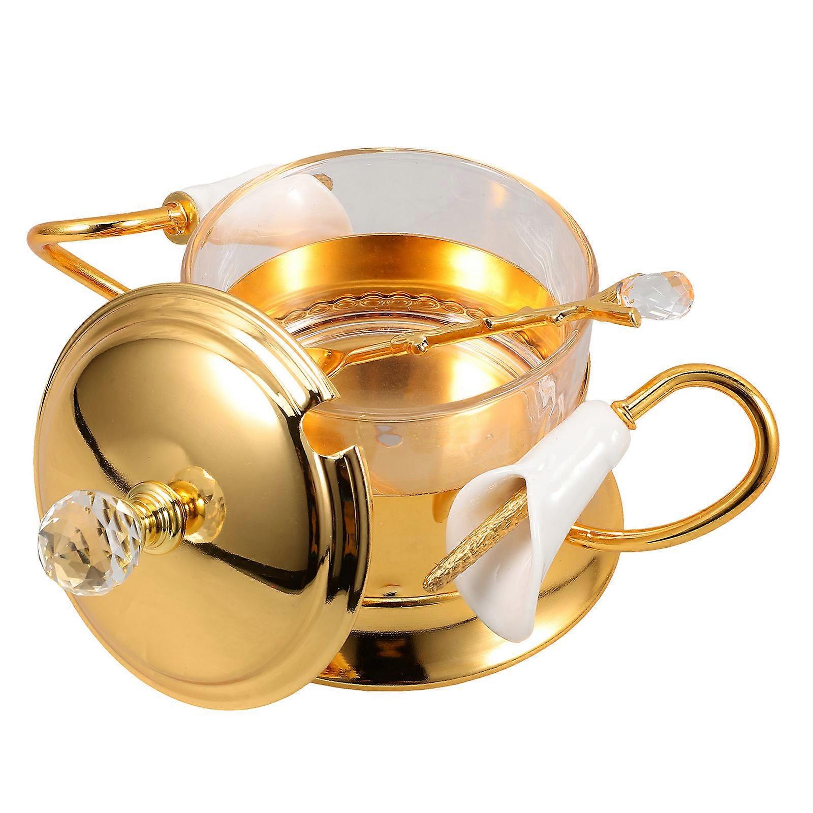 Metal Sugar Jar with Spoon for Kitchen Storage Golden Frame