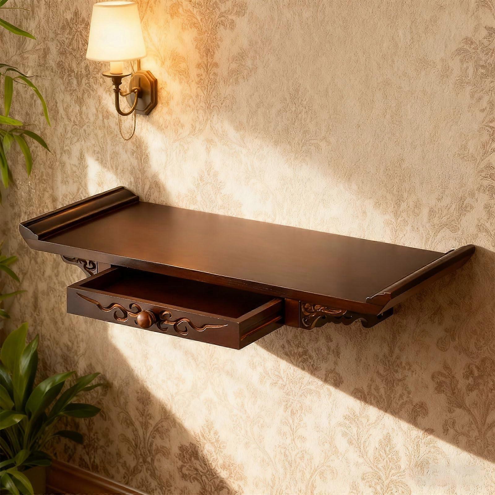 Wall Mounted Buddha Altar Shelf with PullOut Storage, Compact Meditation Cabinet for Small Spaces, Dark Brown 23.6in/60cm