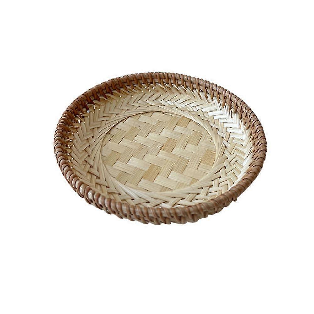 Large Round Bamboo Serving Tray with Elegant Woven Pattern, Decorative Wicker Basket for Fruits and Bread