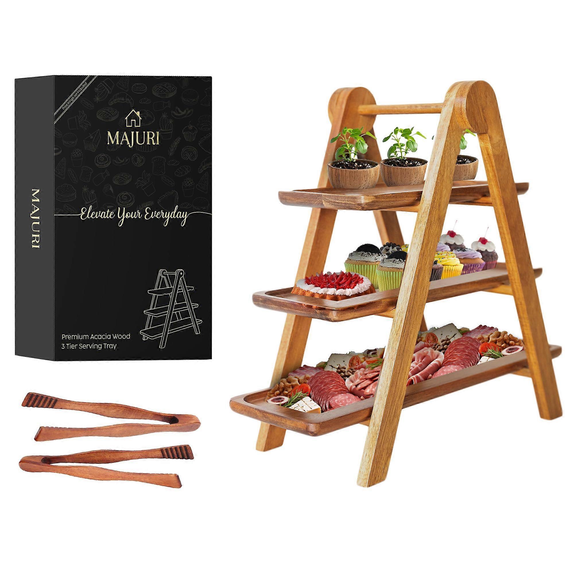 3 Tier Wooden Serving Tray with Tongs, Rustic Acacia Foldable Tiered Dessert and Charcuterie Stand