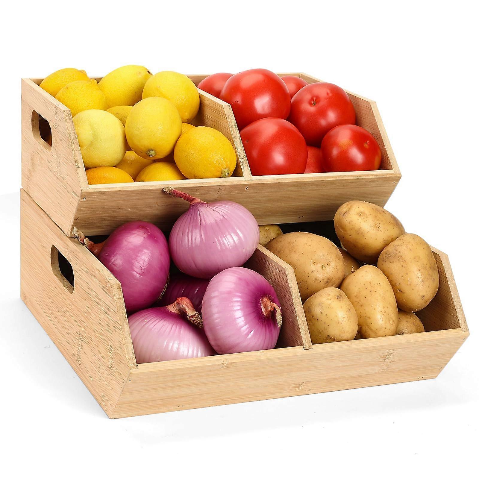 Bamboo Pantry Organizers 2 Set Stackable Storage Baskets for Vegetables Bread Counter and Cabinet