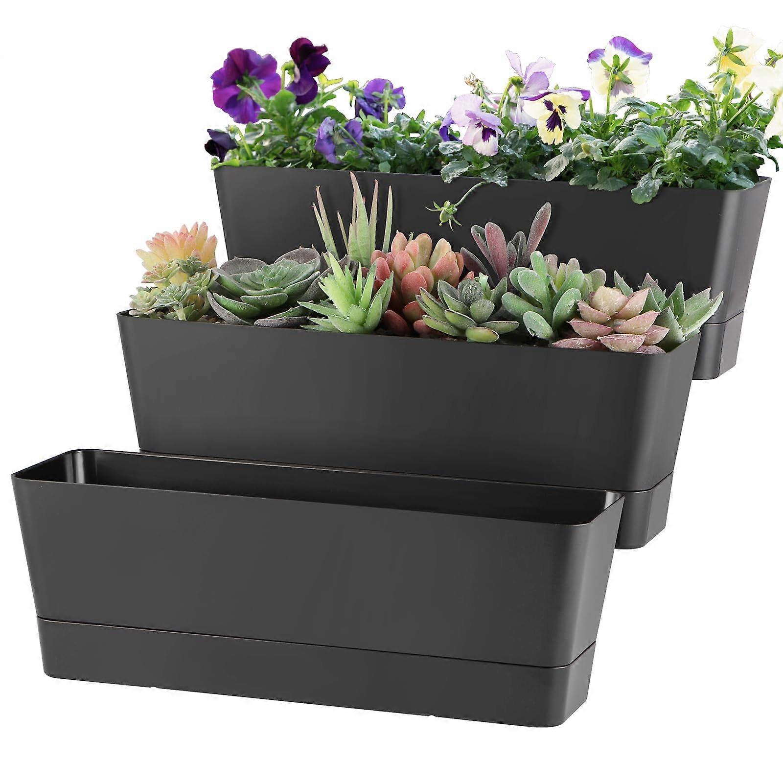 12 Inch Window Box Planter with Tray, Plastic Rectangle Plant Pot for Windowsill, 3 Pack Black