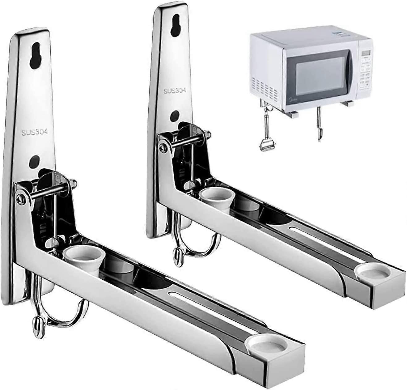 Adjustable 304 Stainless Steel Microwave Oven Rack with Foldable Design and Hooks