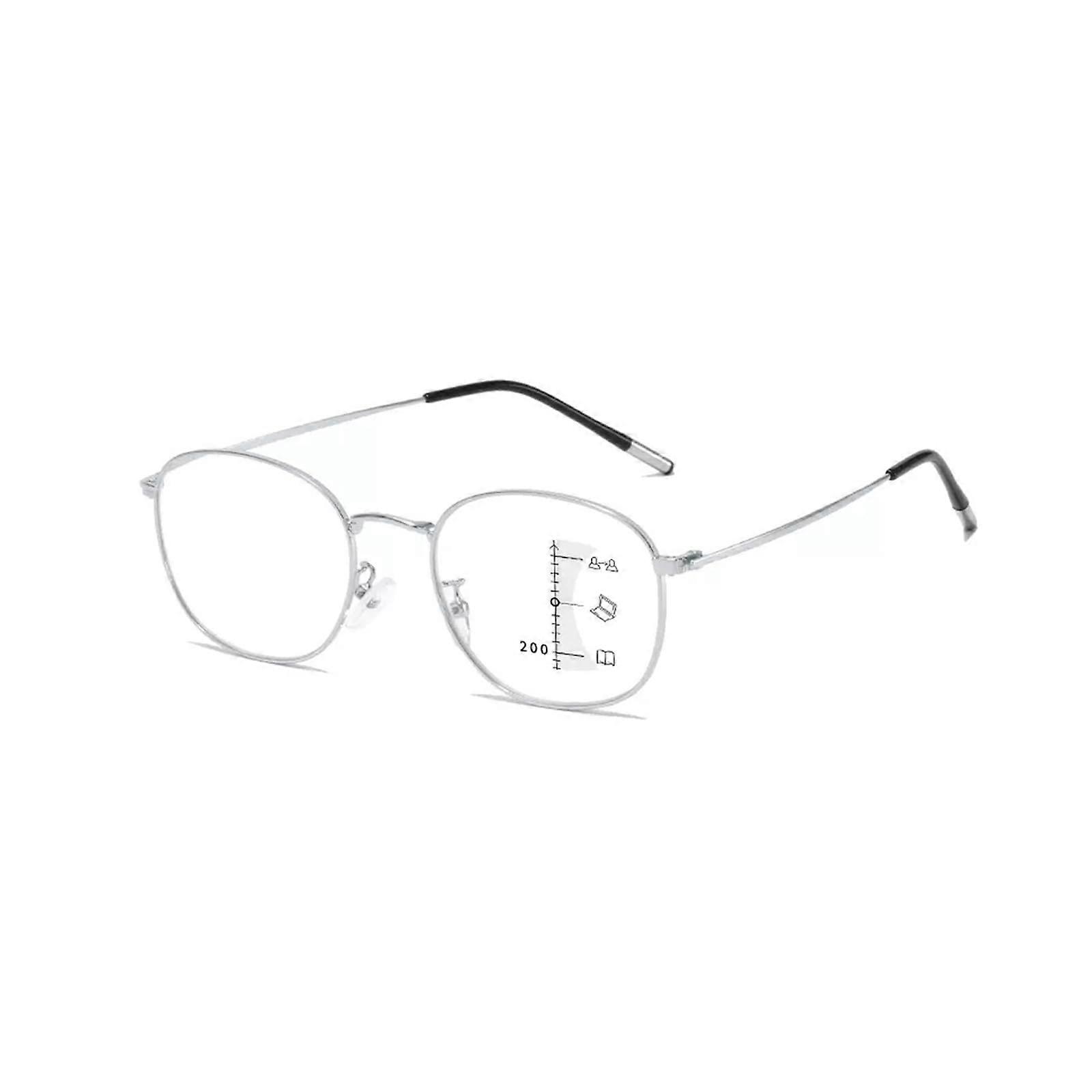 Progressive Reading Glasses with Blue Light Blocking, Fashion Metal Frame, Silver 1.0x
