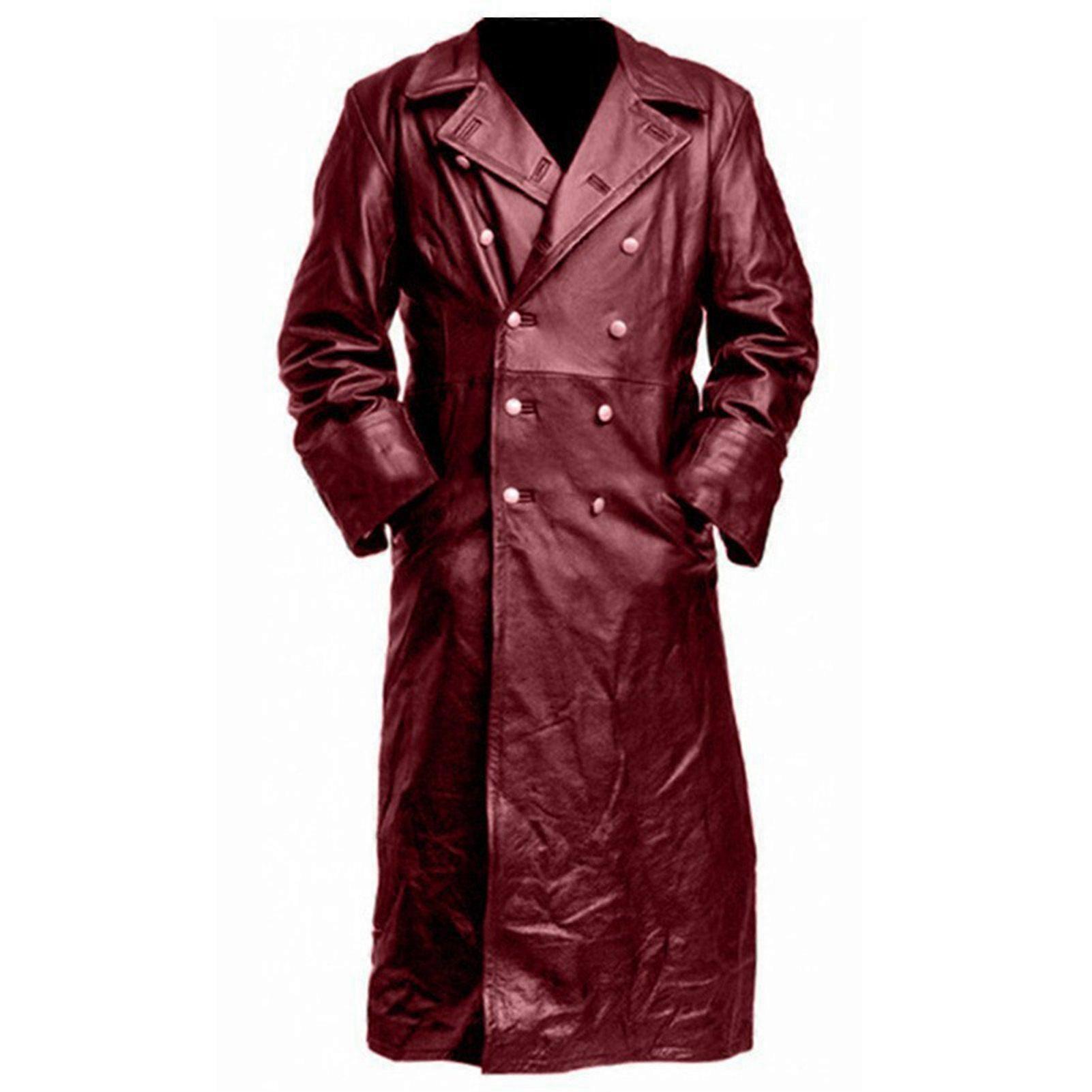 Mens Black Trench Leather Coat Full Length Classic Faux Leather Coat with Pockets