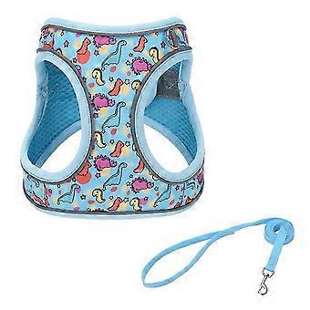 Blue Dinosaur Pattern Dog Strap and Belt Set, No Escape and Easy Walking Puppy Strap, Used for Training Walking, Breathable and Adjustable Puppy Tank