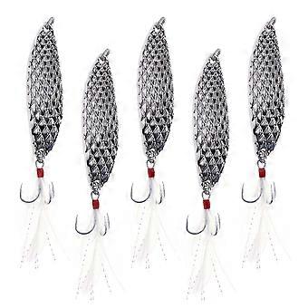 5pcs Blinker harte Angelköder Drillingshaken Metall Angelköder Angelzubehör (Silberköder + weiße Feder)