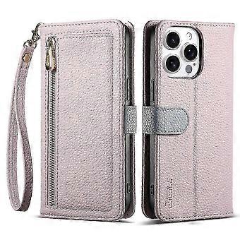 ESEBLE Litchi Texture Leather Phone Case with Mirror for iPhone 16 Pro Max E11 Zipper Pocket Cover