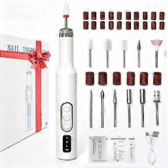 Electric Nail Drill Kit for Manicure Pedicure, Compact White Design with Sanding Bands and Metal Drill Bits