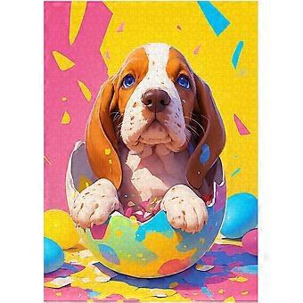 Quebra-cabeça de ovo chocando de filhote de Basset Hound, comemorando o primeiro aniversário do pet e quebra-cabeça temático de Páscoa AZQ297