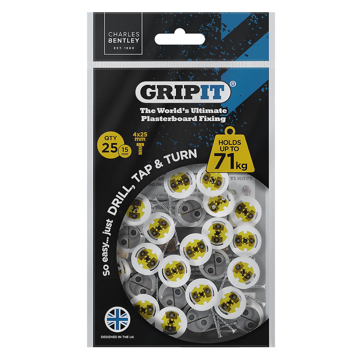Gripit 15mm Plasterboard Fixing - 25 Pack (Yellow) Stud Wall Anchor Max Load 71kg Support Heavy Loads
