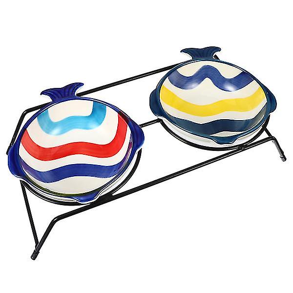 1 Set Ceramic Cat Bowls Raised Pet Feeder Fish Shape Bowls With Iron Stand