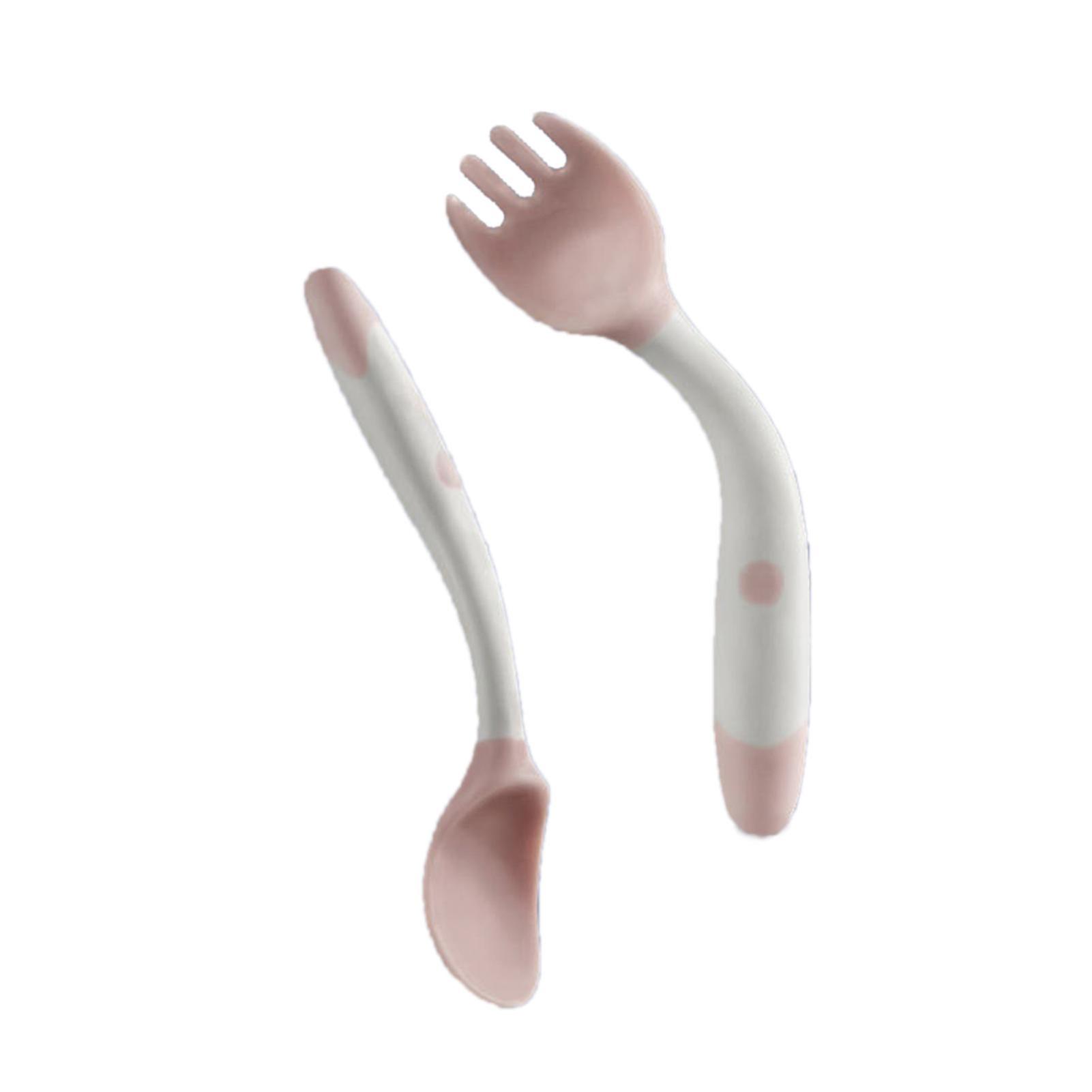 Baby Fork Spoon Set Bent Handles Soft PP Self Eating Training Toddler Feeding Utensils Kit