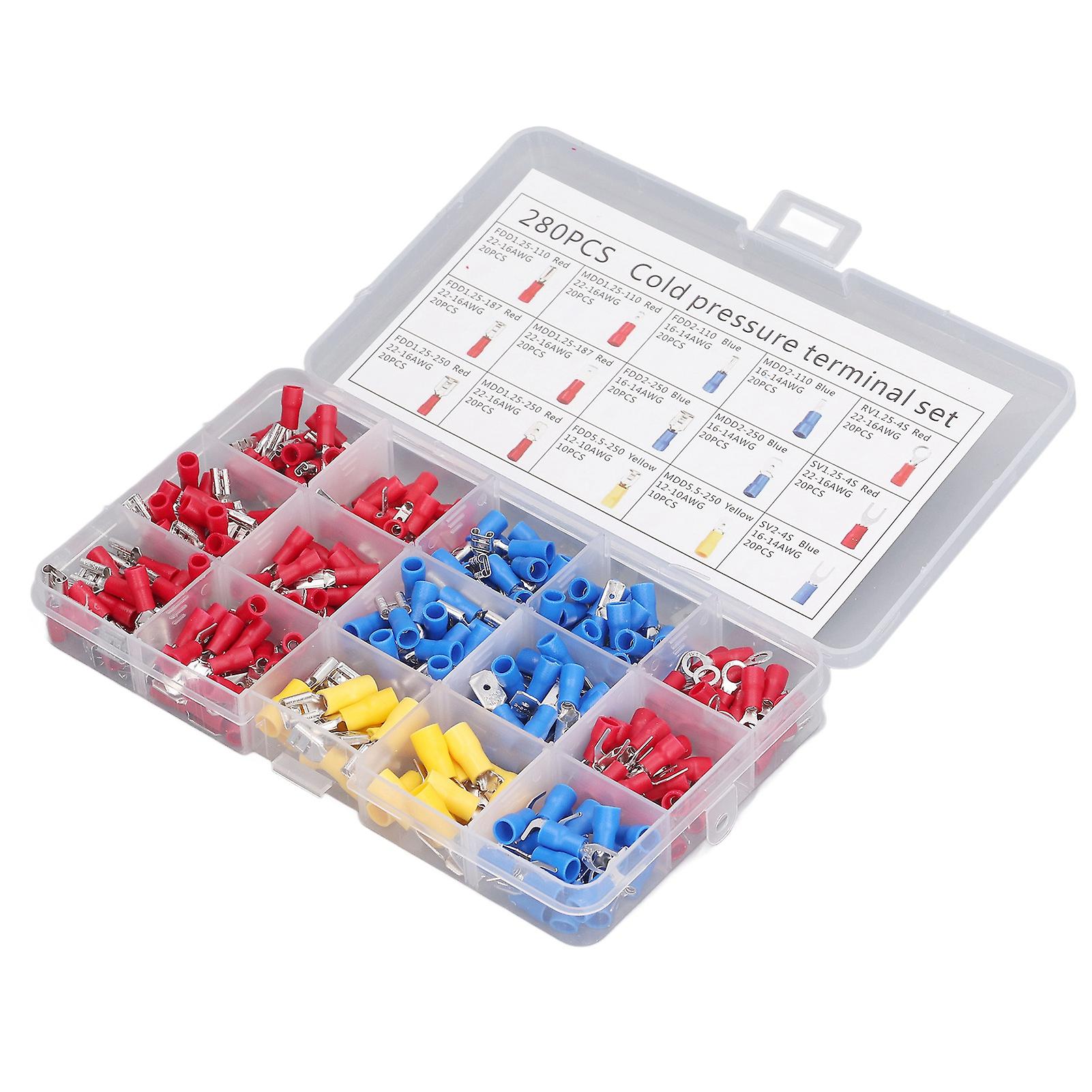 280Pcs Cold Pressed Terminal Brass Core Insulated Sheath Good Conductivity Ring Fork Terminal Kit for Automobile Ship 