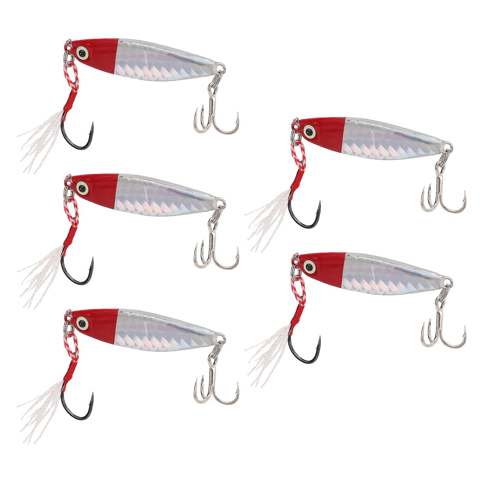 5pcs 15g Vibrating Metal Artificial Fishing Lures with Sequin Laser Feather Hook Red Head Silver Body