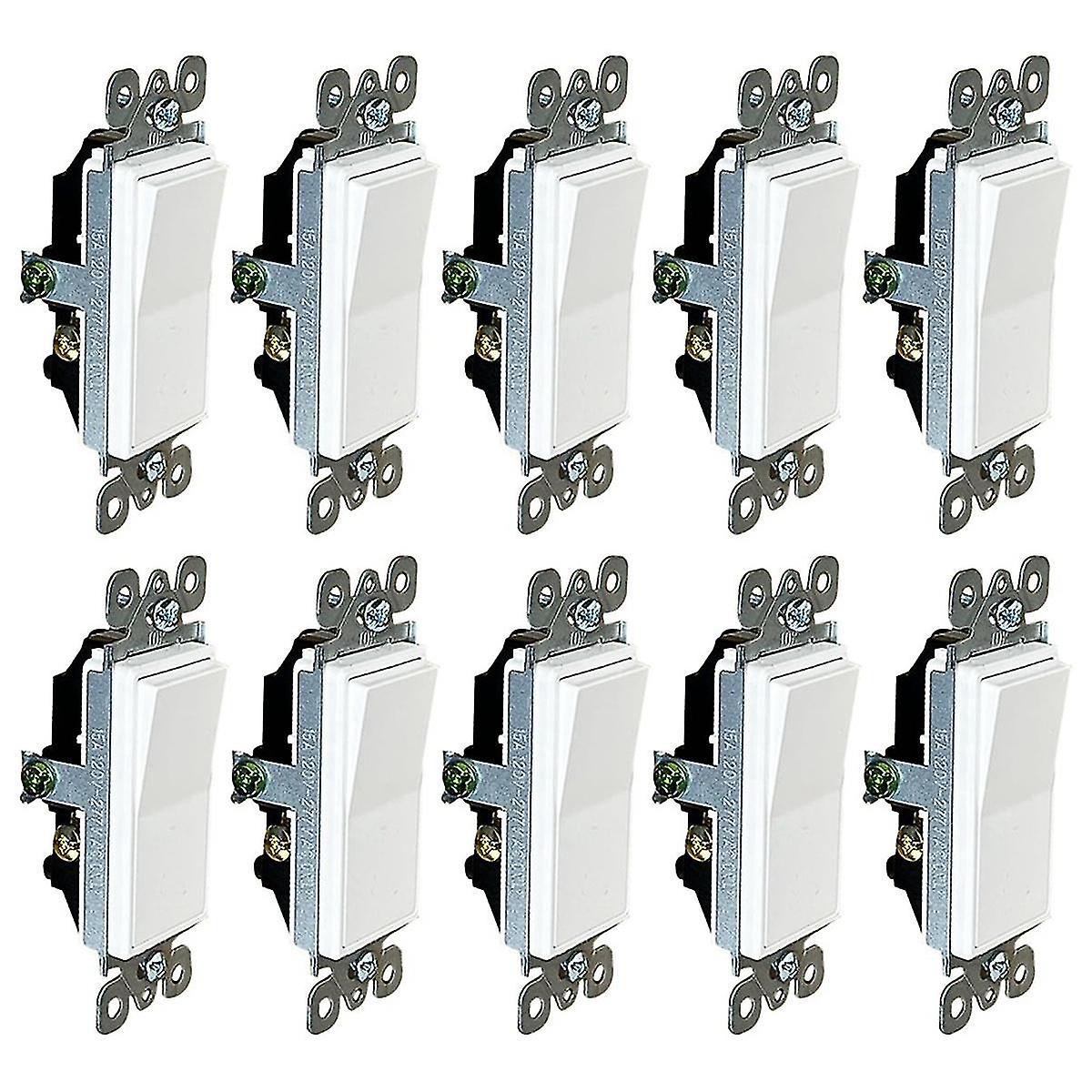 [10-pack] 3-way Decorator Paddle Rocker Light Switch, 3-wire, Grounding 15a 120v-277v, White